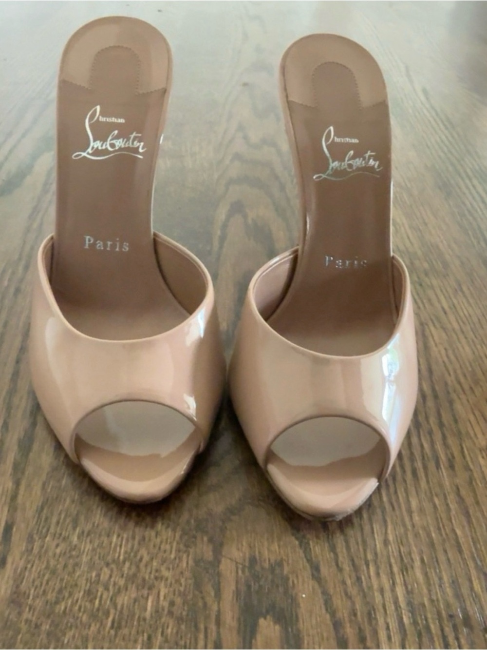 Christian Louboutin Nude Patent Peep-Toe Slip-On Mules